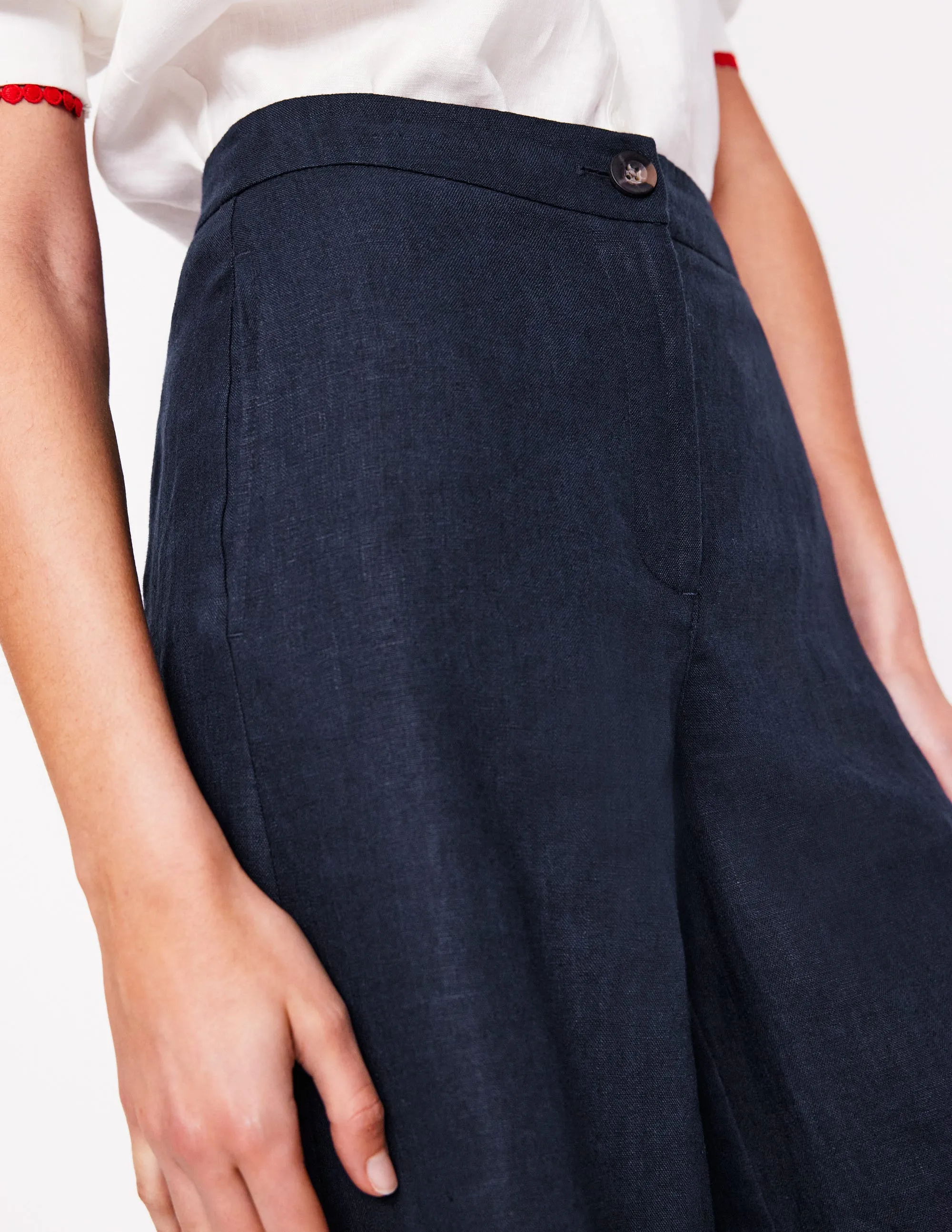 Wide Crop Linen Trousers-Navy