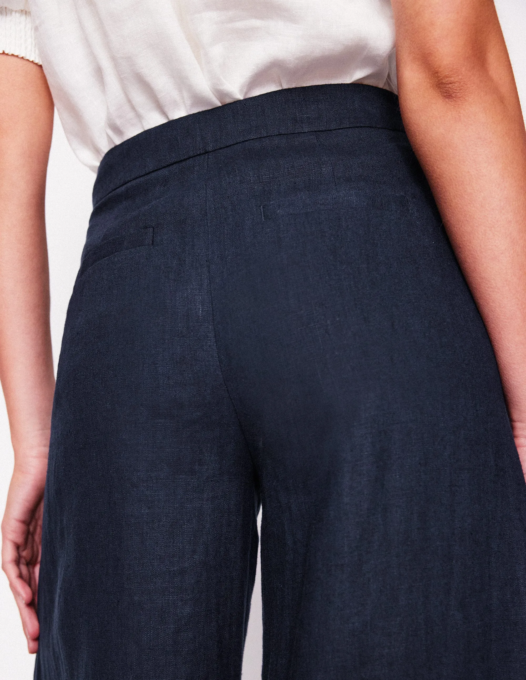 Wide Crop Linen Trousers-Navy