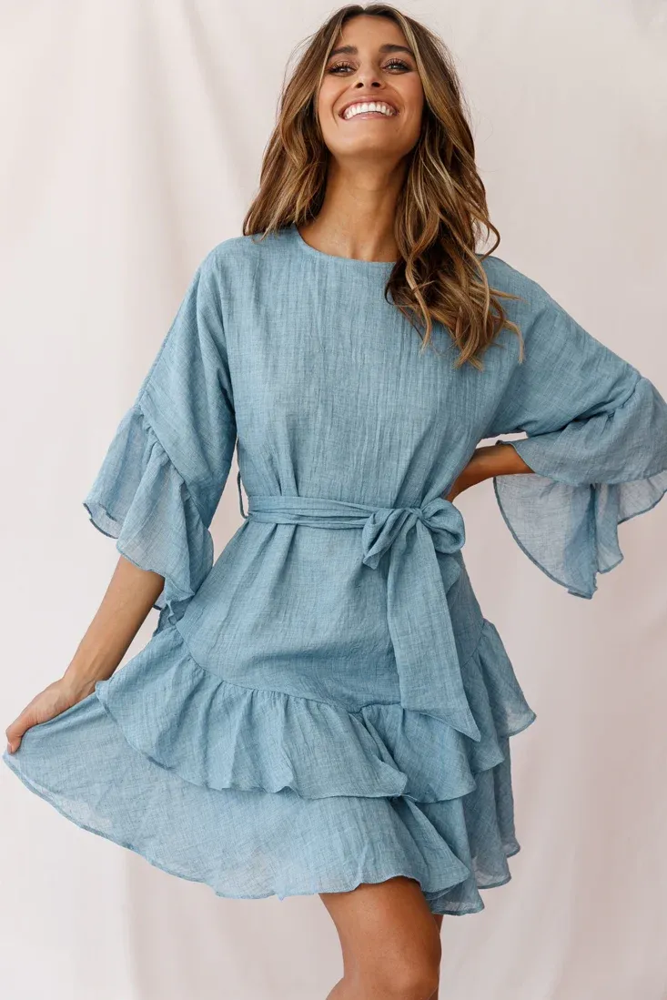 Wilshire Tiered Ruffle Hem Dress Denim Blue