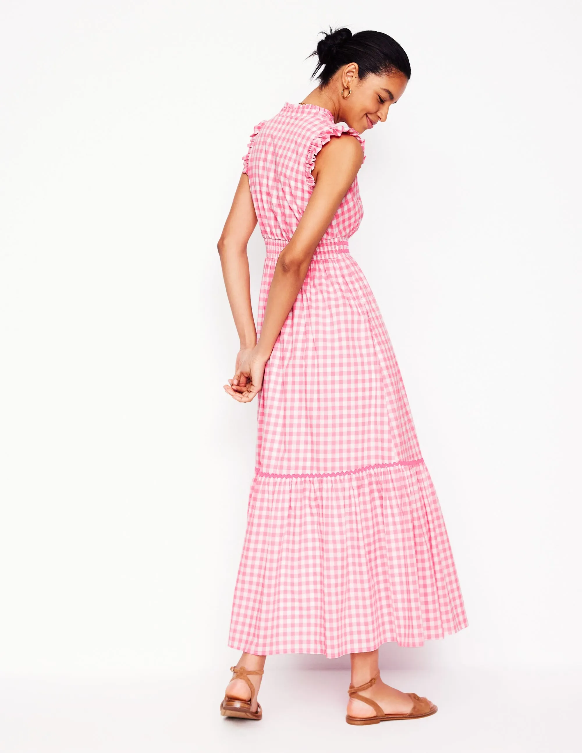 Wren Tiered Midi Dress-Salmon Pink Gingham