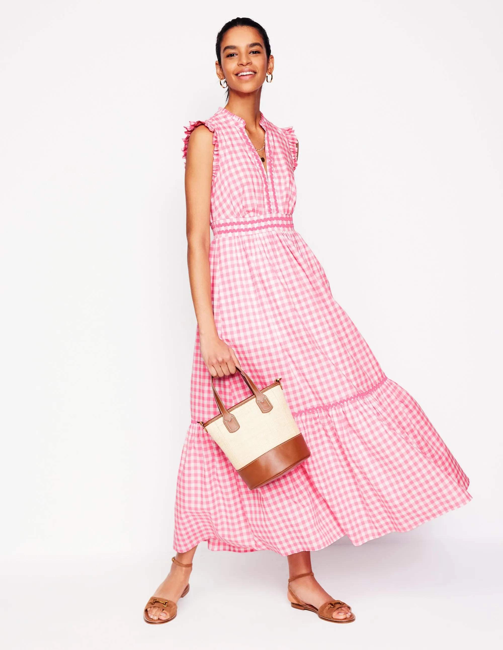 Wren Tiered Midi Dress-Salmon Pink Gingham