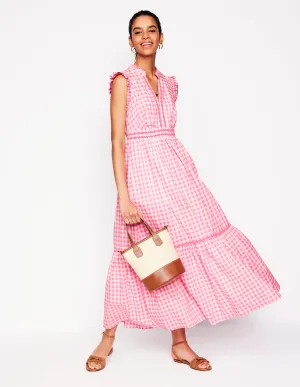 Wren Tiered Midi Dress-Salmon Pink Gingham
